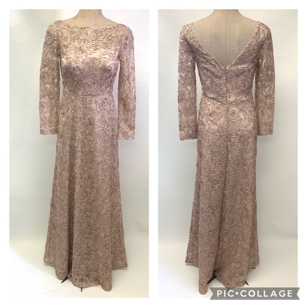 Js collections long sleeve nude embroidered mesh mother of bride gown